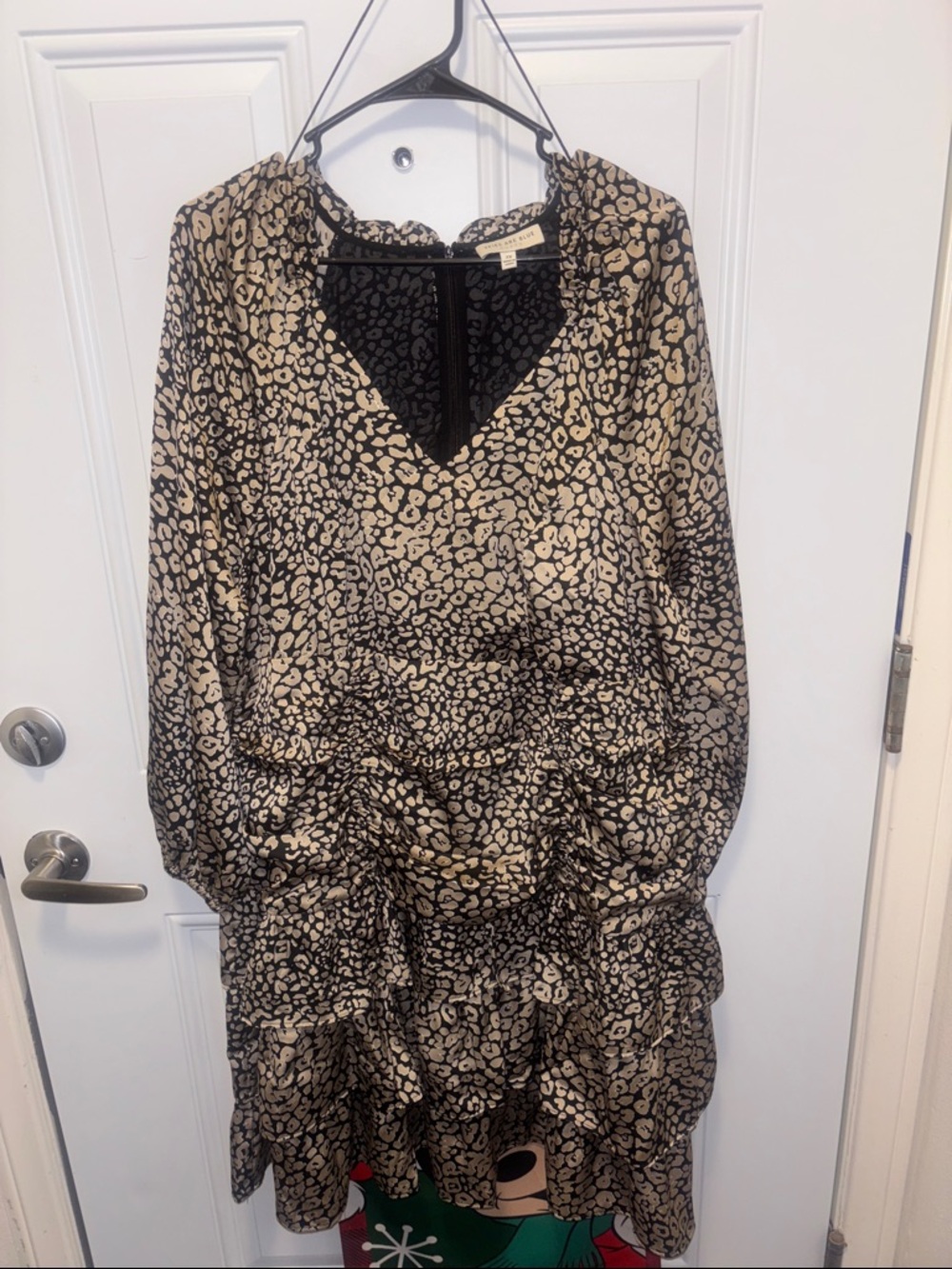 Skies Are Blue Black and Beige Animal Print Long Sleeve Tiered Dress